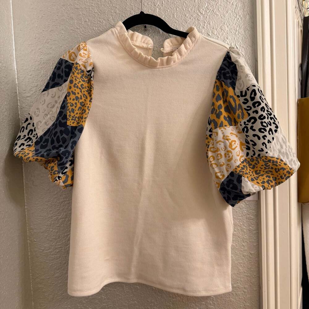THML Cream Ribbed Knit Top with Animal Print Patchwork Puff Sleeves